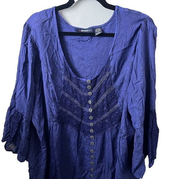 Denim Assymetrical Top Women’s Plus Sz 26 Blue 3/4 Bell Sleeve Rena Fairy - Picture 2 of 8